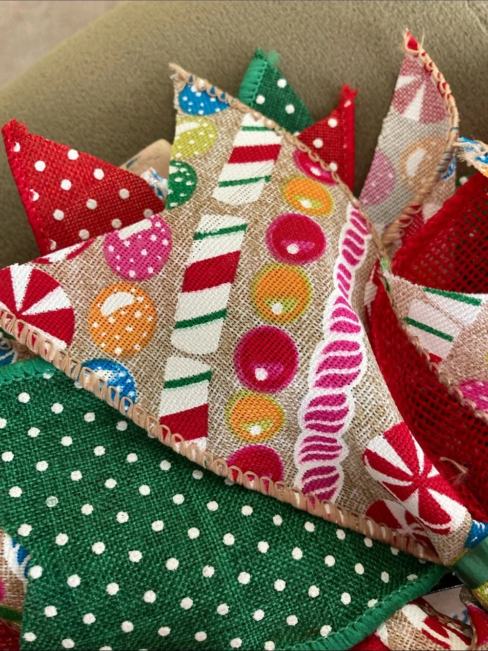 HANDMADE CHRISTMAS FARMHOUSE RIBBON RAG WREATH COTTAGECORE POLKA DOT RED GREEN